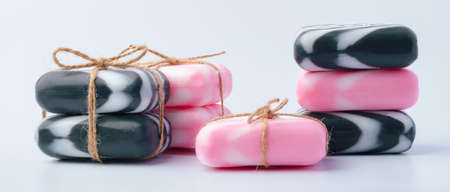 Stack of soap bars on white backgroundの写真素材