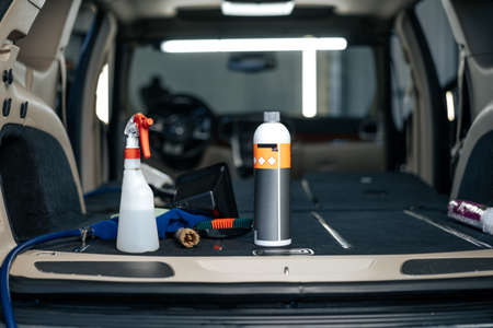 Clean open empty car trunk in the car detailing serviceの写真素材