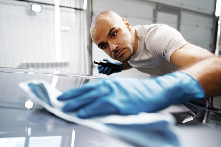 African American man car service worker applying nano coating on a car