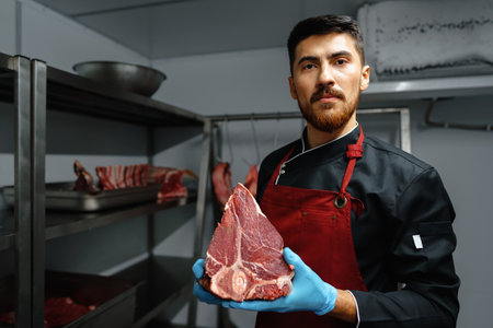 Young butcher holding raw meat steaks in fridge of grocery shopの写真素材