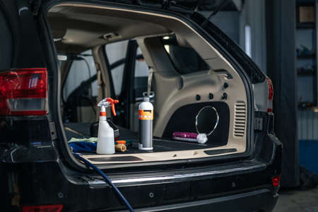 Clean open empty car trunk in the car detailing serviceの写真素材