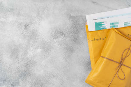 Close up shot of stack of padded mailing envelopesの写真素材