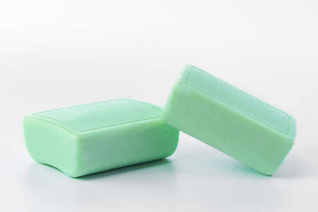 Green soap bars isolated on white background.の写真素材