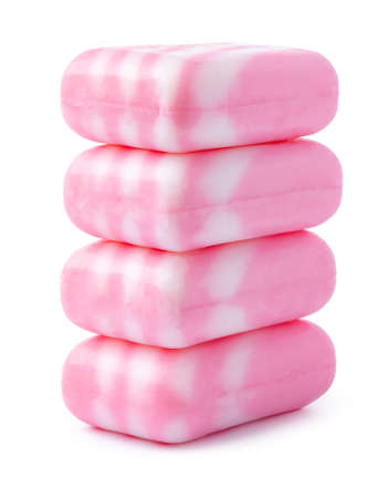 Pieces of pink soap isolated on white backgroundの写真素材