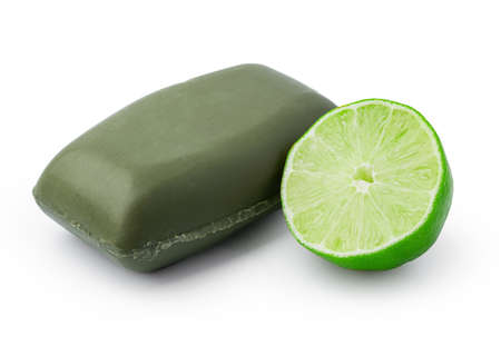 Handmade soap with lime on a white backgroundの写真素材