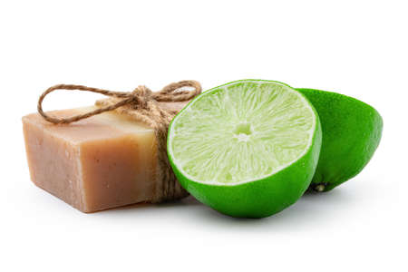 Handmade soap with lime on a white backgroundの写真素材