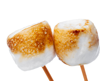 Grilled marshmallows on sticks isolated on whiteの写真素材
