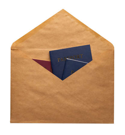 Recycled craft paper envelope isolated white background