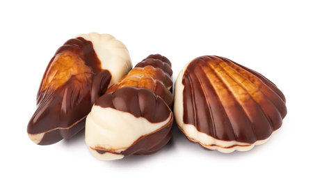 Chocolate sweets shaped as seashells isolated on white backgroundの写真素材