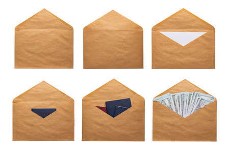Recycled craft paper envelope isolated white background