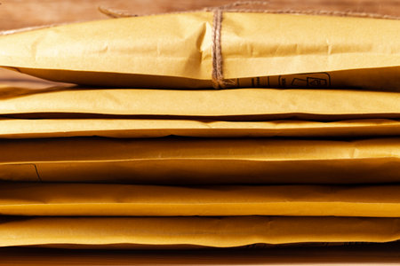Close up shot of stack of padded mailing envelopesの写真素材