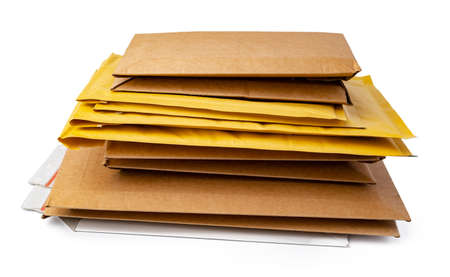 Stack of envelopes on white backgroundの写真素材