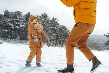 Father and son playing in the park on winter dayの写真素材
