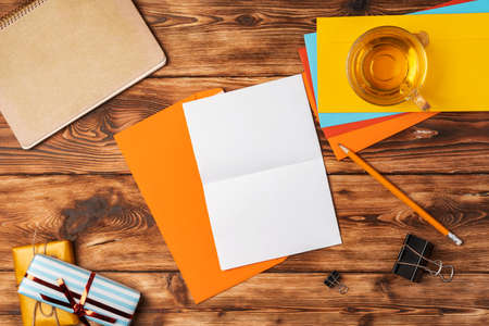 Letters and Office Supplies on Table Desk. Top Viewの写真素材