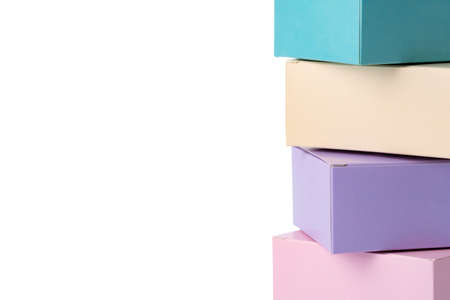 Colorful paper gift boxes isolated on whiteの写真素材