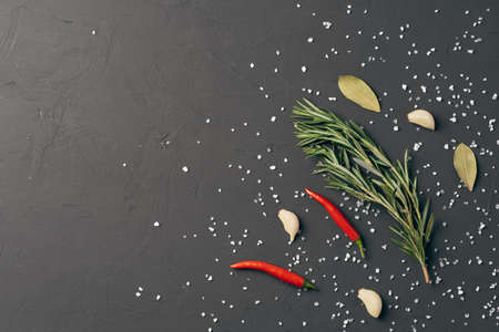 Salt and spices scattered on black backgroundの写真素材