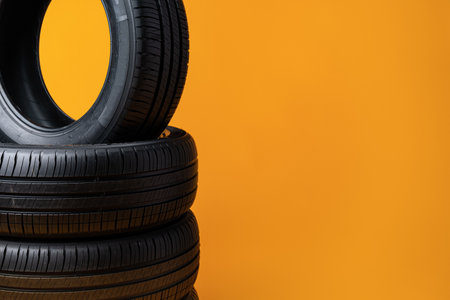 Car tires isolated on yellow background, close upの写真素材