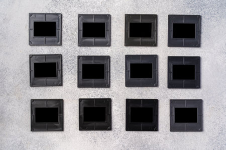 Photography empty slide frames on gray backgroundの写真素材