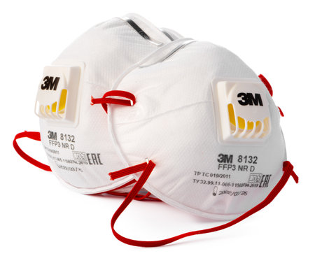 KRASNODAR, RUSSIA - JUNE 03, 2020: 3M 8132 FFP3 medical masks isolated on white backgroundのeditorial素材