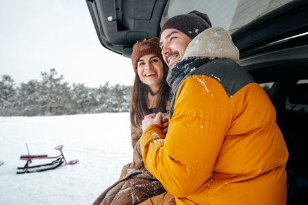 Lovely smiling couple sitting in car trunk in winter forestの写真素材