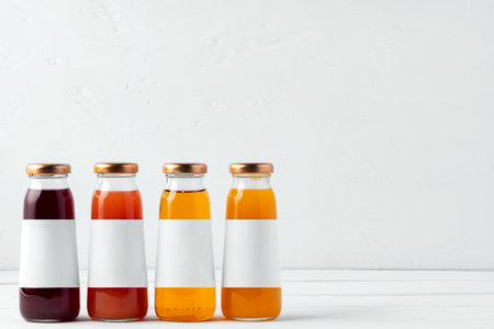 Glass bottles of different juices on white backgroundの写真素材