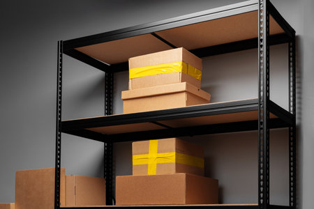 Rack shelves with paper boxes in warehouse.