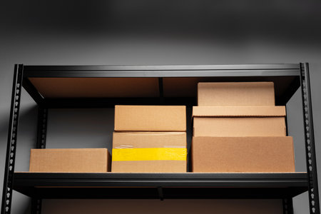 Rack shelves with paper boxes in warehouse.の写真素材
