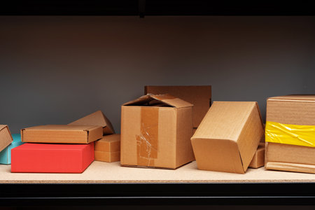 Rows of shelves with cardboard boxes in modern warehouse