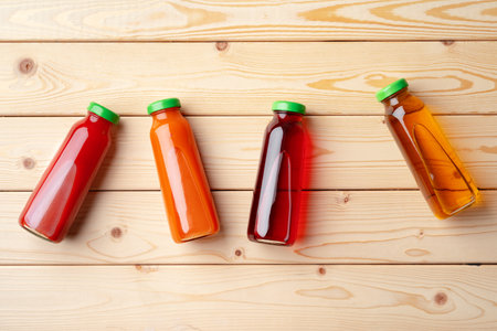 Different bottles of juice on wooden tableの写真素材