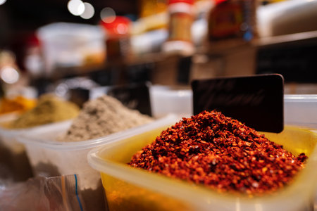 Colorful spices at a market for sale, close upの写真素材