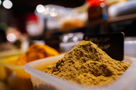 Colorful spices at a market for sale, close upの写真素材