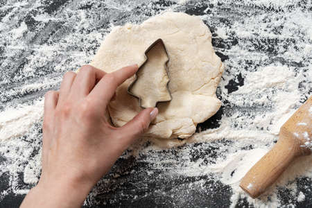 Preparation for cooking homemade cookies on flour backgroundの写真素材