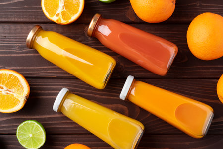 Fruit drink in glass bottle and frsh fruits on wooden backgroundの写真素材