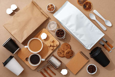 Coffee identity branding mockup set top view flat layの写真素材