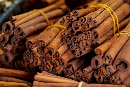 Cinnamon sticks.for sale on stall in marketの写真素材