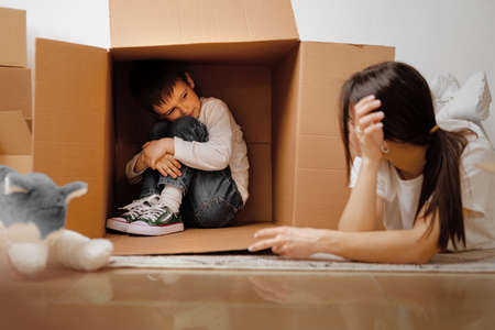 Beautiful smiling woman and little boy with cardboard boxes moving to new homeの写真素材