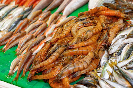 Market stall selling seafood delicacies in Istanbulの写真素材