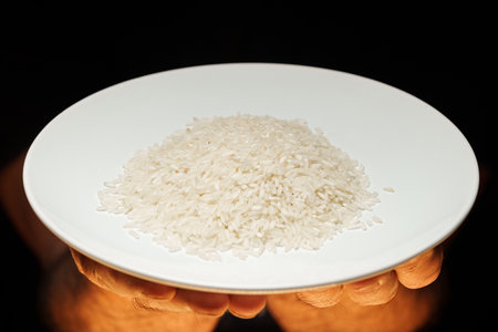 Hands holding a heap of dry rice grain on black backgroundの写真素材