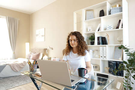 Pretty young entrepreneur woman working with laptop sitting in the officeの写真素材