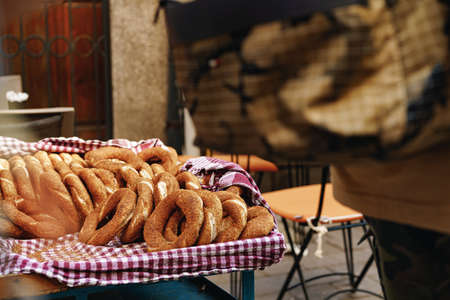 Turkish food cart with traditional bagels in the street of Istanbul