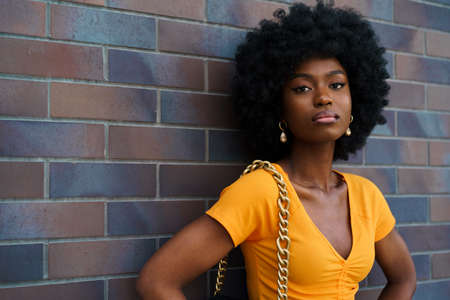 Portrait of young black woman with afro hairstyle smiling in urban backgroundの写真素材