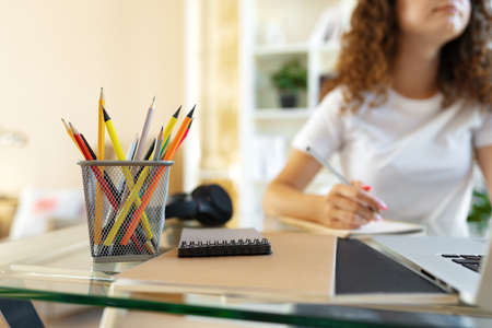 Pretty young entrepreneur woman working with laptop sitting in the officeの写真素材