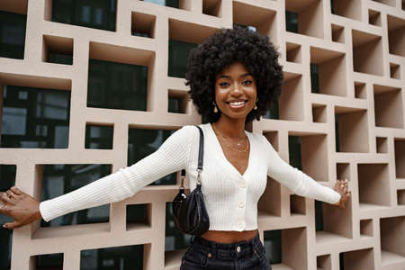 Stylish pretty african woman with Afro hairstyle posing near geometric wall