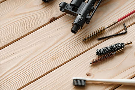 Gunsmiths working table for gun cleaning and maintainingの写真素材