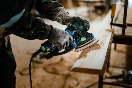 Close up of a carpenter working on wood craft at workshopの写真素材