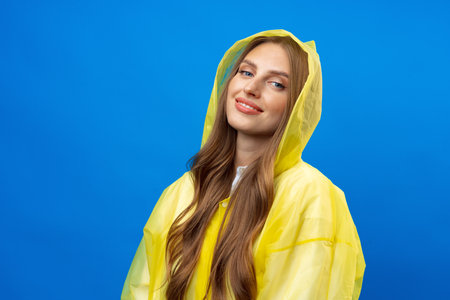 Young blonde woman wearing yellow raincoat smiling at camera over blue background in studioの写真素材