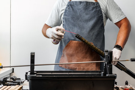 Close up of a man in apron lubricates the mechanism of the weapon with oil