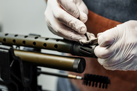 Close up of a man in apron wiping his firearm with a clothの写真素材