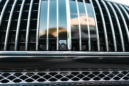 Ð¡hromed front radiator grill of a luxury car close up