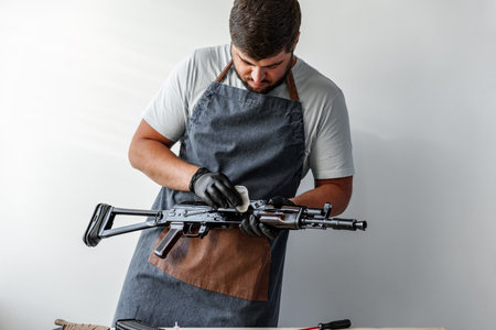 Close up of a man in apron wiping his firearm with a clothの写真素材